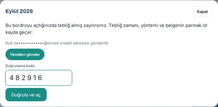 Kod penceresi: Yeniden gönder, Doğrulama kodu ve Doğrula ve aç