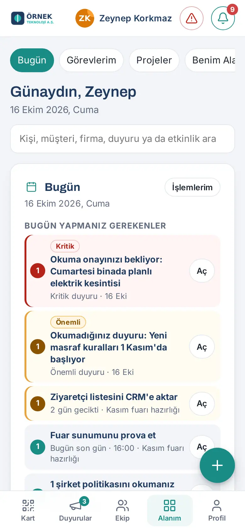 Telefonda çalışanın Bugün kartı: Kritik ve Önemli duyurular en üstte