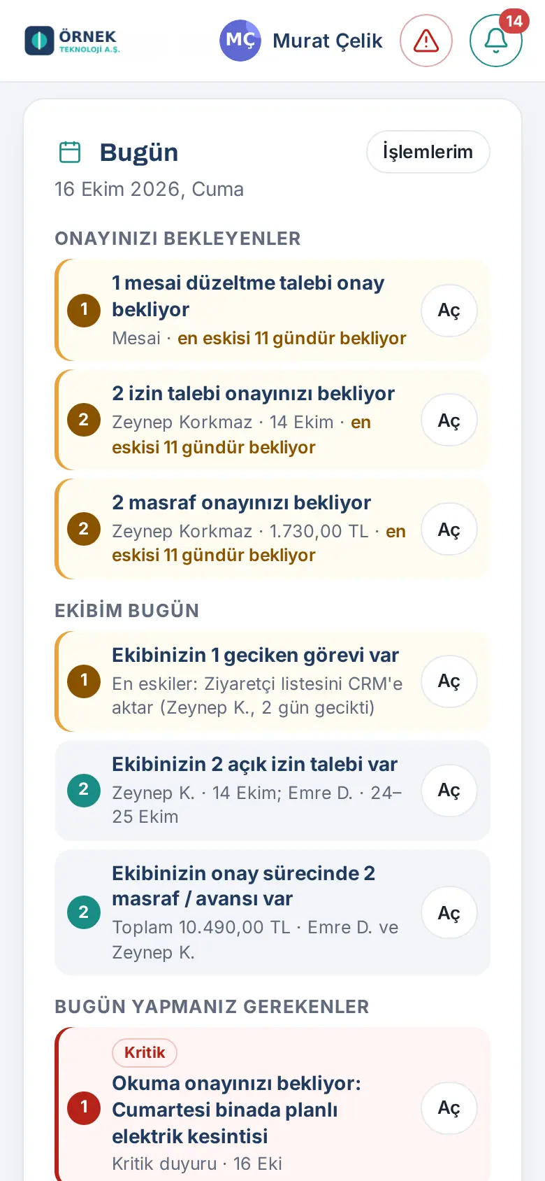 Telefonda yöneticinin Bugün kartı: Onayınızı bekleyenler ve Ekibim bugün