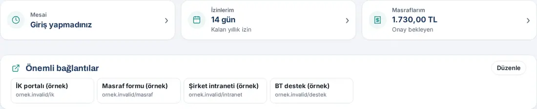 Bugün: üstte Benim Alanım özeti, altında Önemli bağlantılar