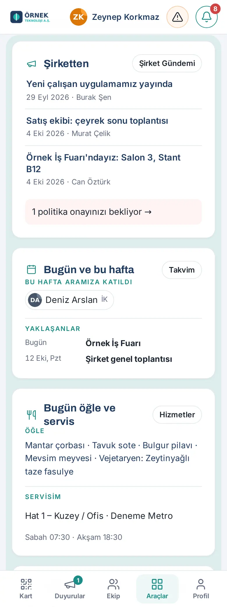 Bugün: Şirketten, Bugün ve bu hafta, Bugün öğle ve servis kutuları