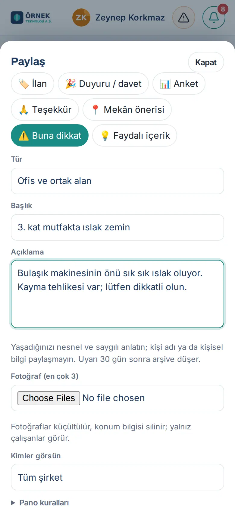 Buna dikkat formu: Tür, Başlık, Açıklama