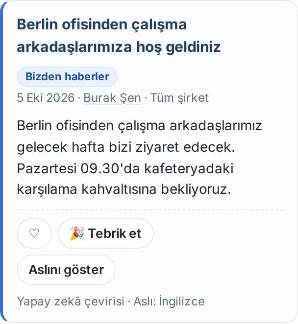 İngilizce duyurunun Türkçe çevirisi: Yapay zekâ çevirisi notu ve Aslını göster