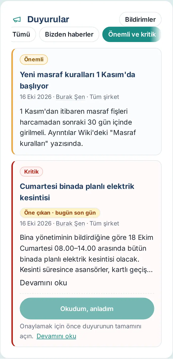 Duyurular, Önemli ve kritik süzgeci: Önemli ve Kritik rozetleri, metin açılana kadar soluk Okudum, anladım düğmesi