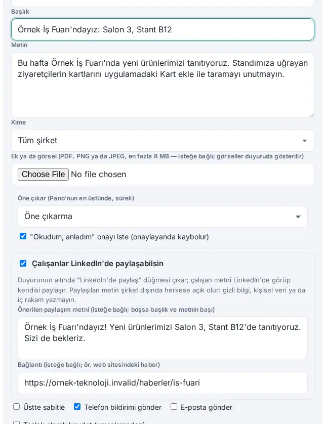 Duyuru formunda Çalışanlar LinkedIn'de paylaşabilsin seçeneği, önerilen metin ve bağlantı
