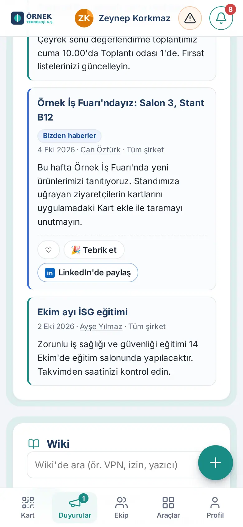 Bizden haberler duyurusunda LinkedIn'de paylaş düğmesi