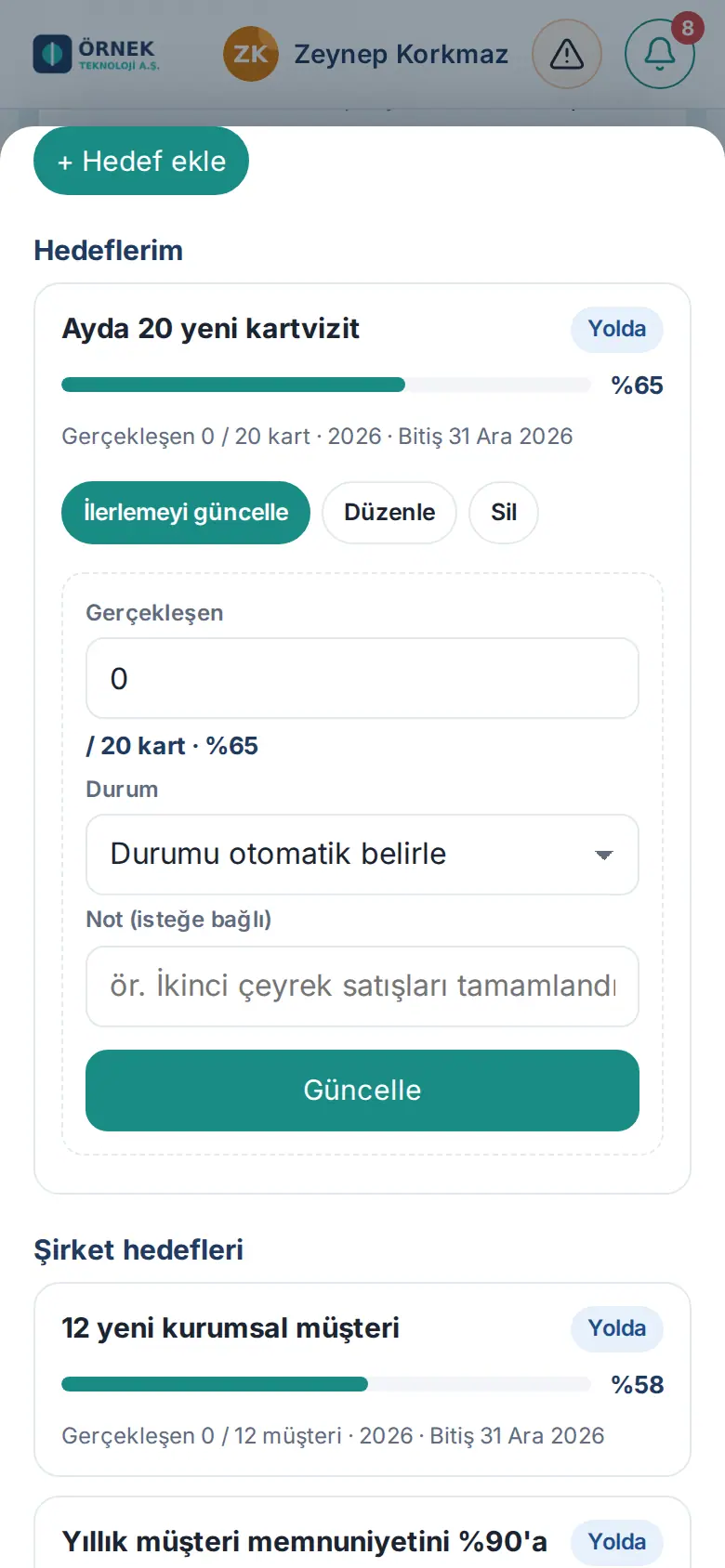 İlerlemeyi güncelle: Gerçekleşen, Durum ve Not