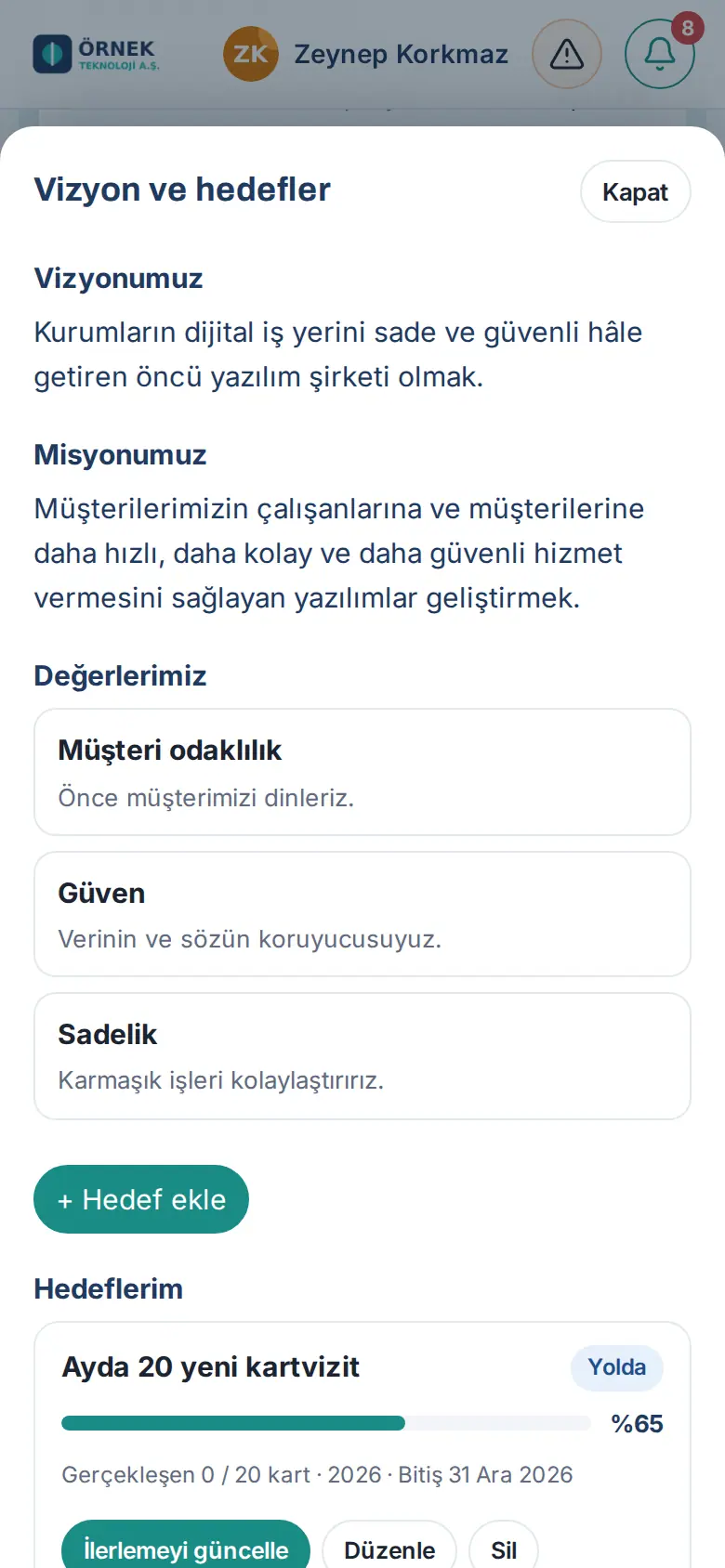 Vizyon ve hedefler penceresi: vizyon, misyon, değerler ve Hedeflerim