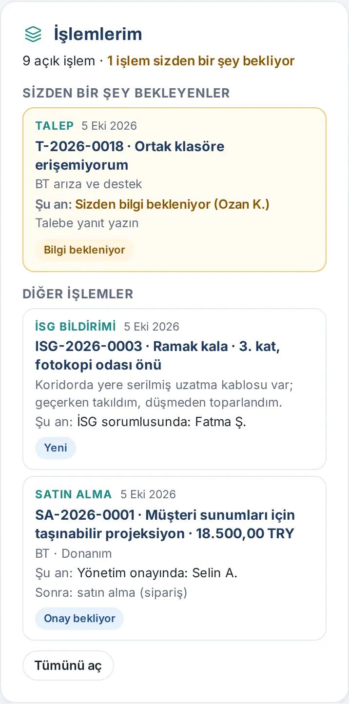 Telefonda İşlemlerim kısa kartı: Şu an ve Sonra satırları, durum rozetleri