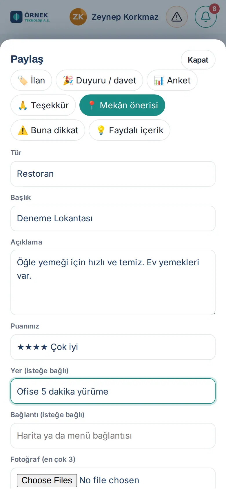 Mekân önerisi formu