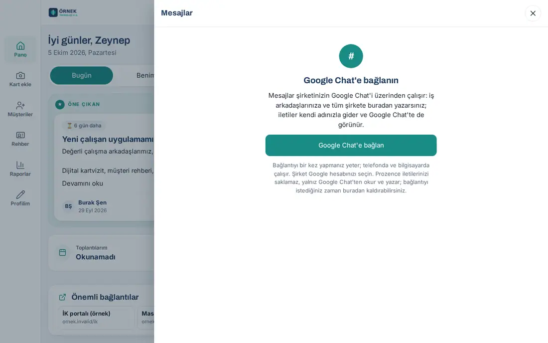 Bilgisayarda Mesajlar paneli sağdan açılır: bağlı değilken Google Chat'e bağlanın ekranı