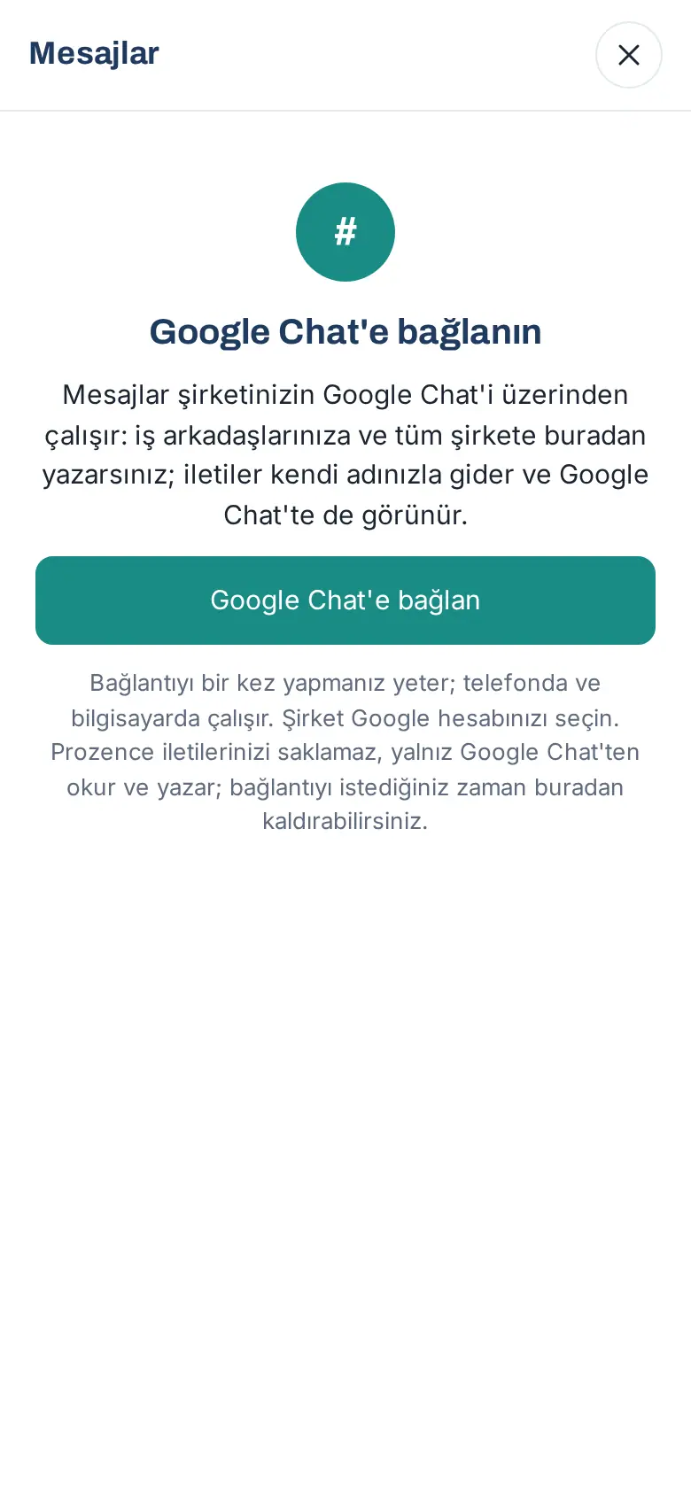 Telefonda Mesajlar: Google Chat'e bağlanın ekranı ve Google Chat'e bağlan düğmesi
