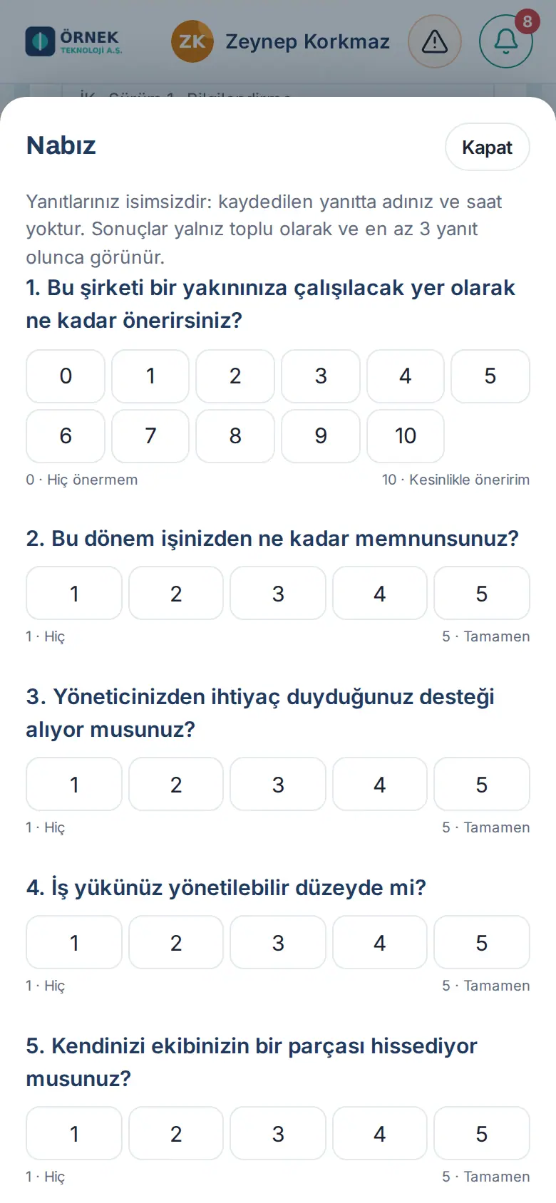 Nabız penceresi: 0–10 ve 1–5 puan düğmeleri