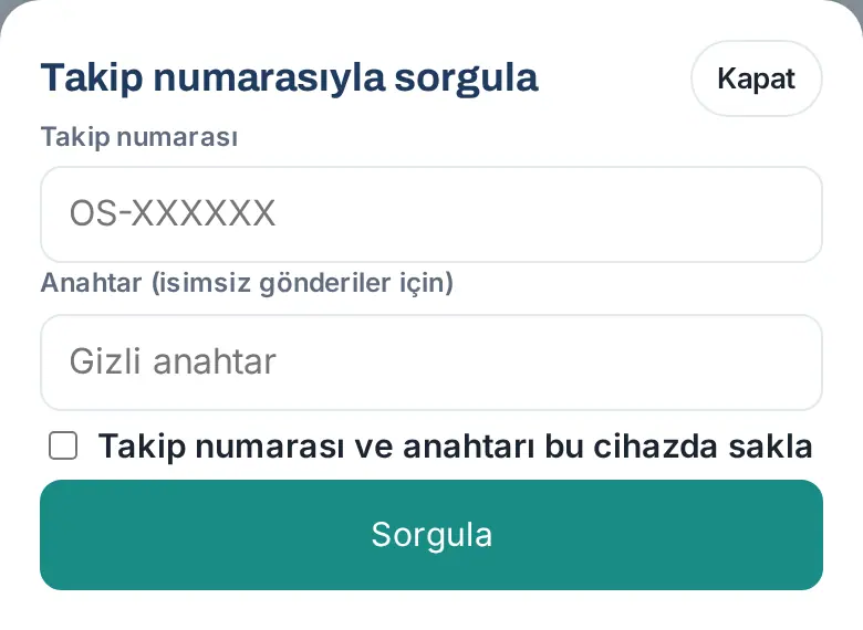 Takip numarasıyla sorgula penceresi
