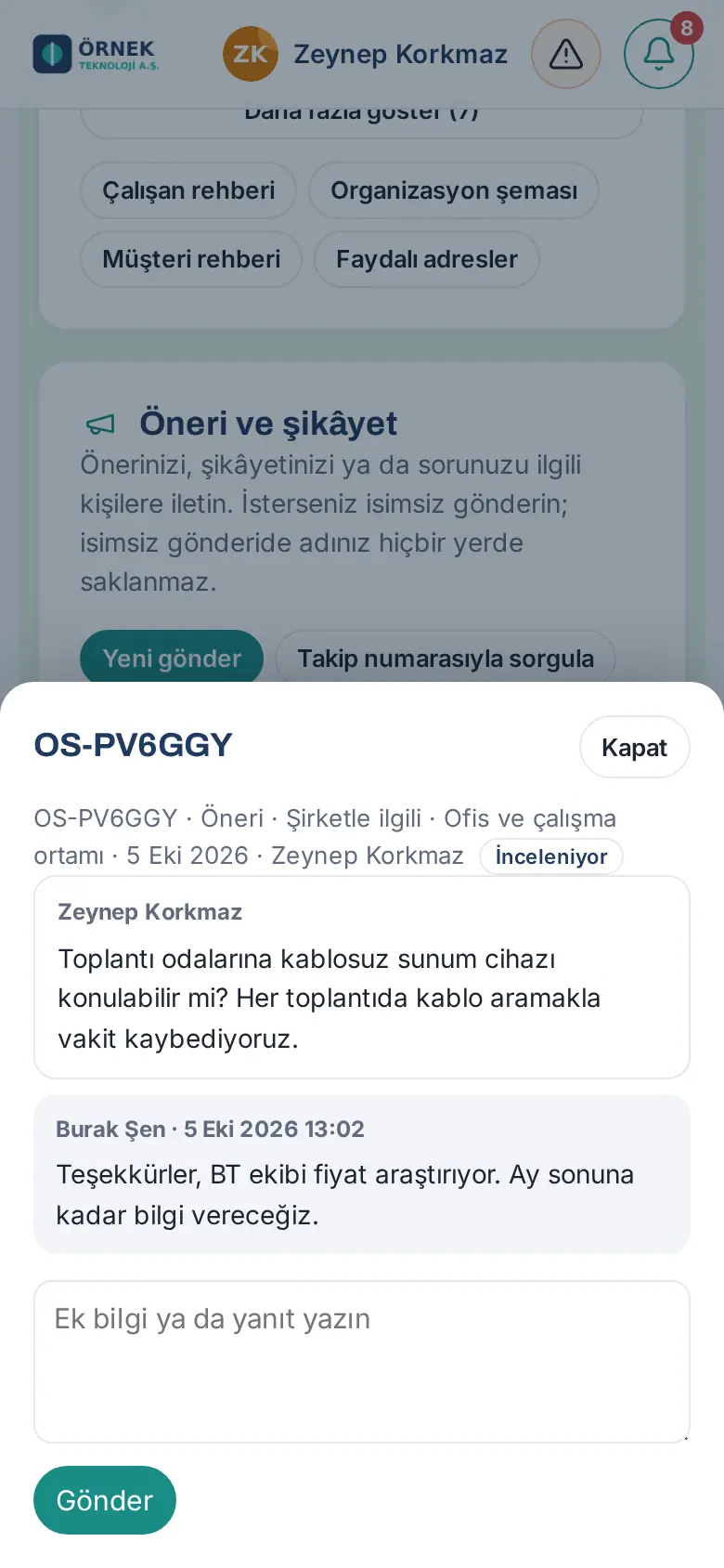 Gönderi ayrıntısı: yanıt ve ek bilgi kutusu