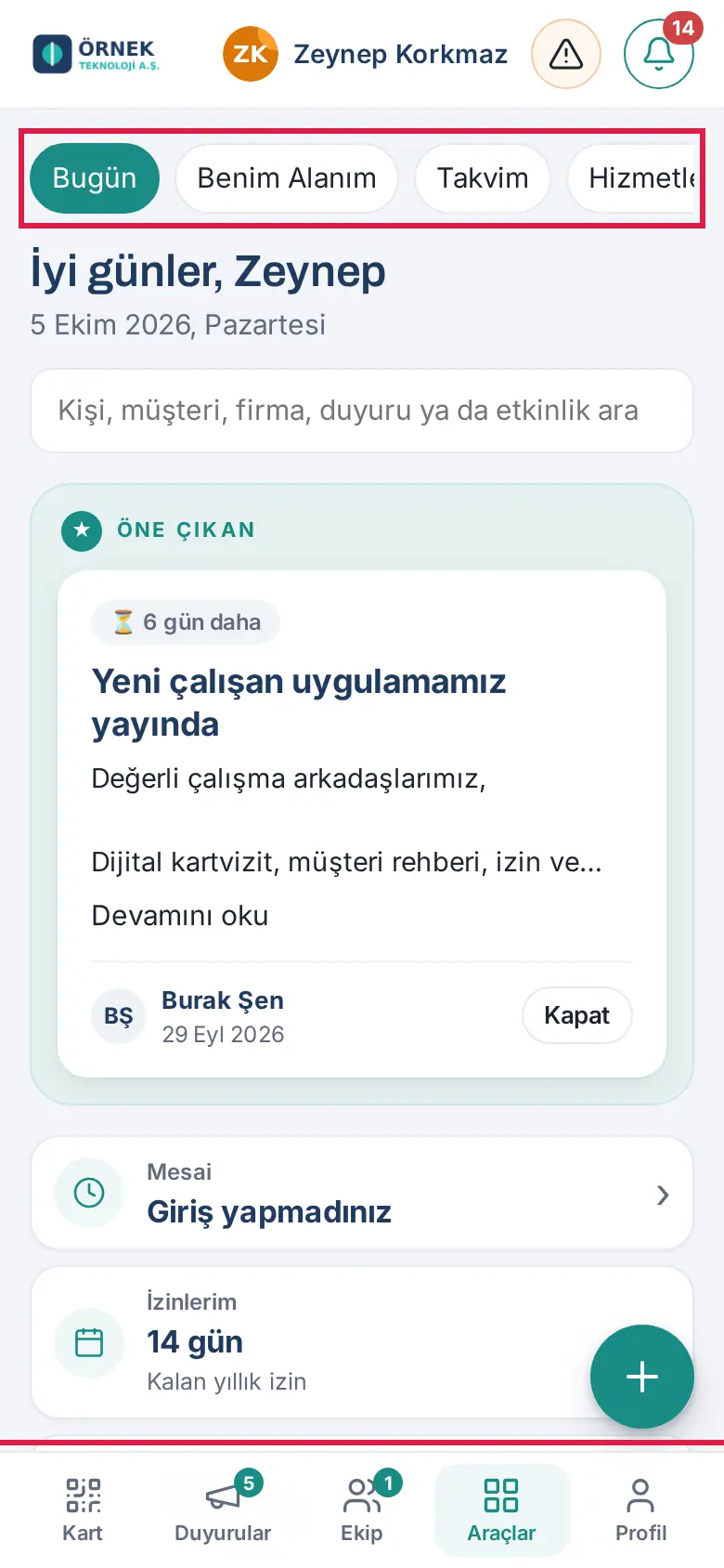 Telefonda Araçlar → Bugün ekranı ve alt menü