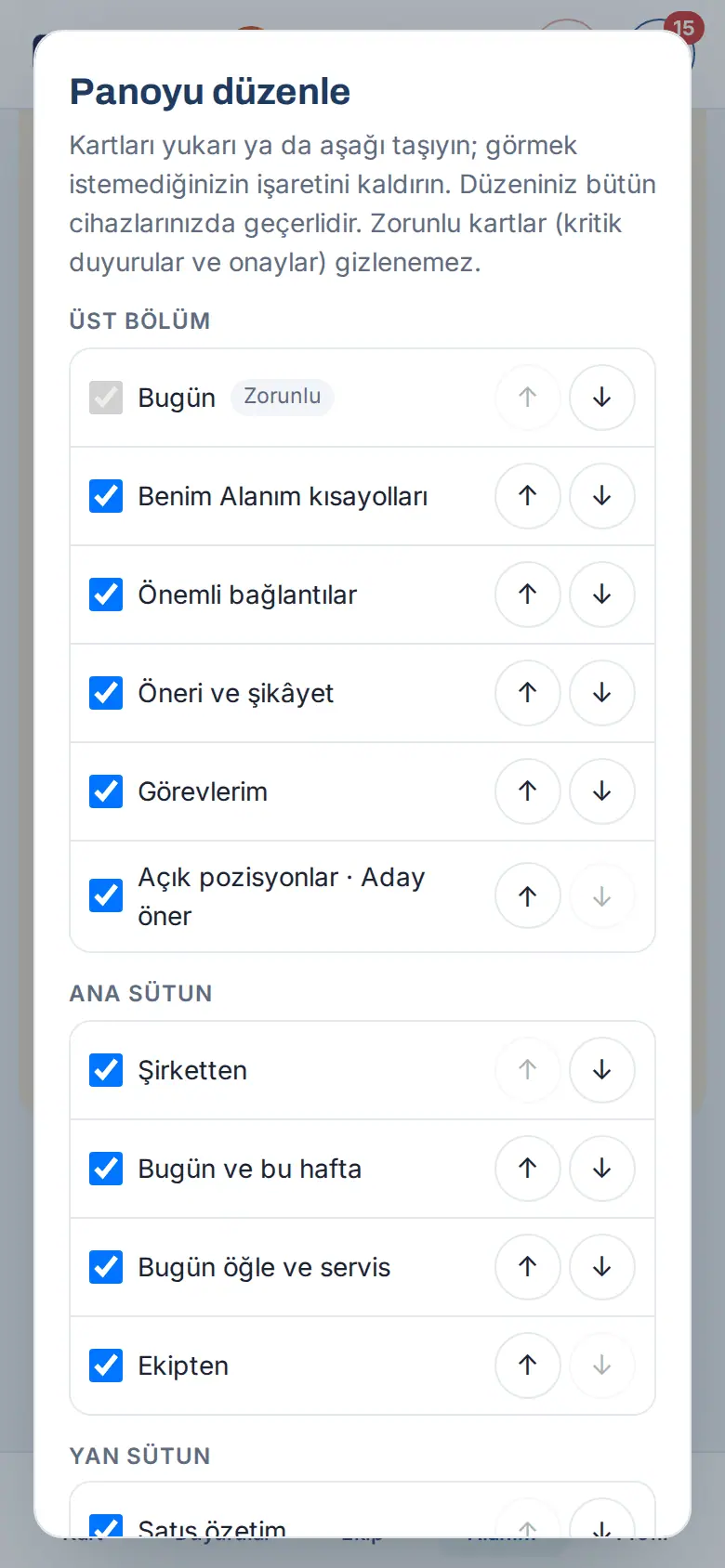 Telefonda Panoyu düzenle penceresi: Üst bölüm ve Ana sütun grupları, zorunlu Bugün kartı ve ↑ / ↓ düğmeleri