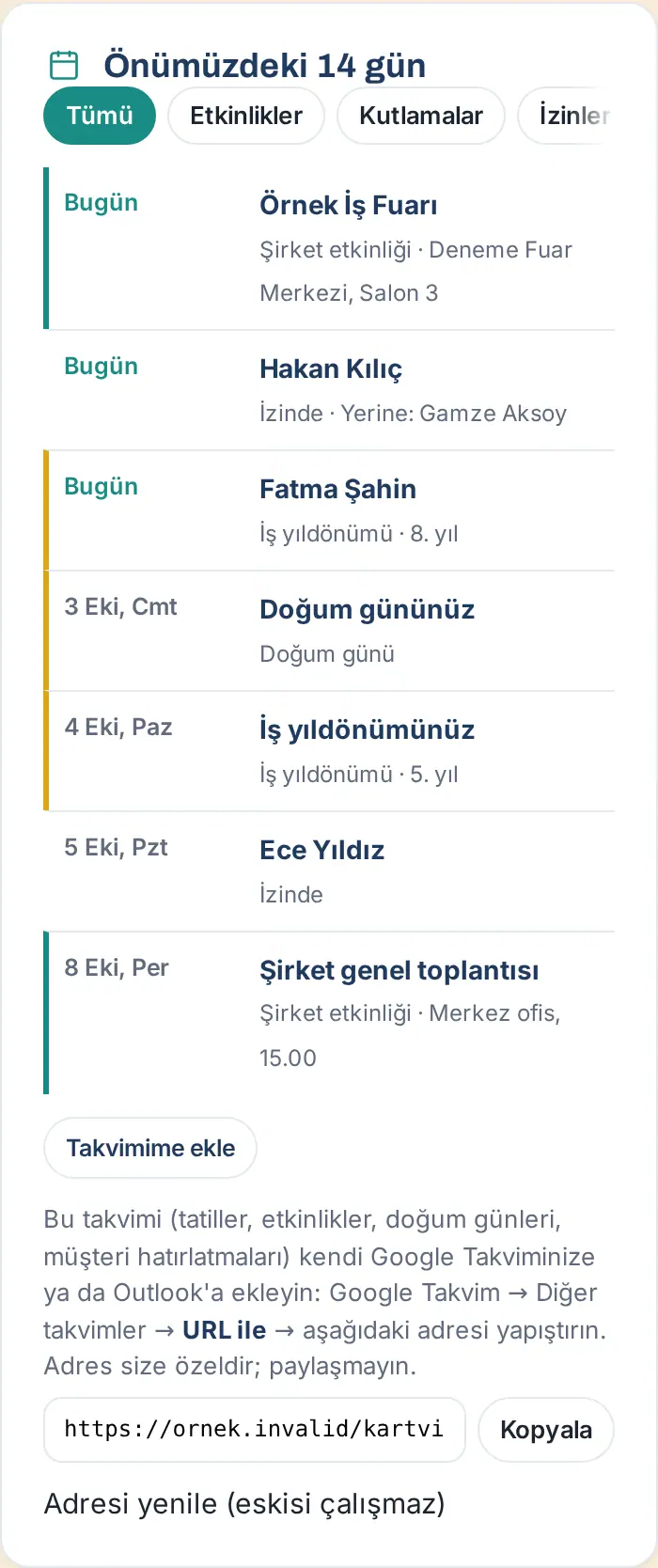 Takvimime ekle: abonelik adresi, Kopyala ve Adresi yenile