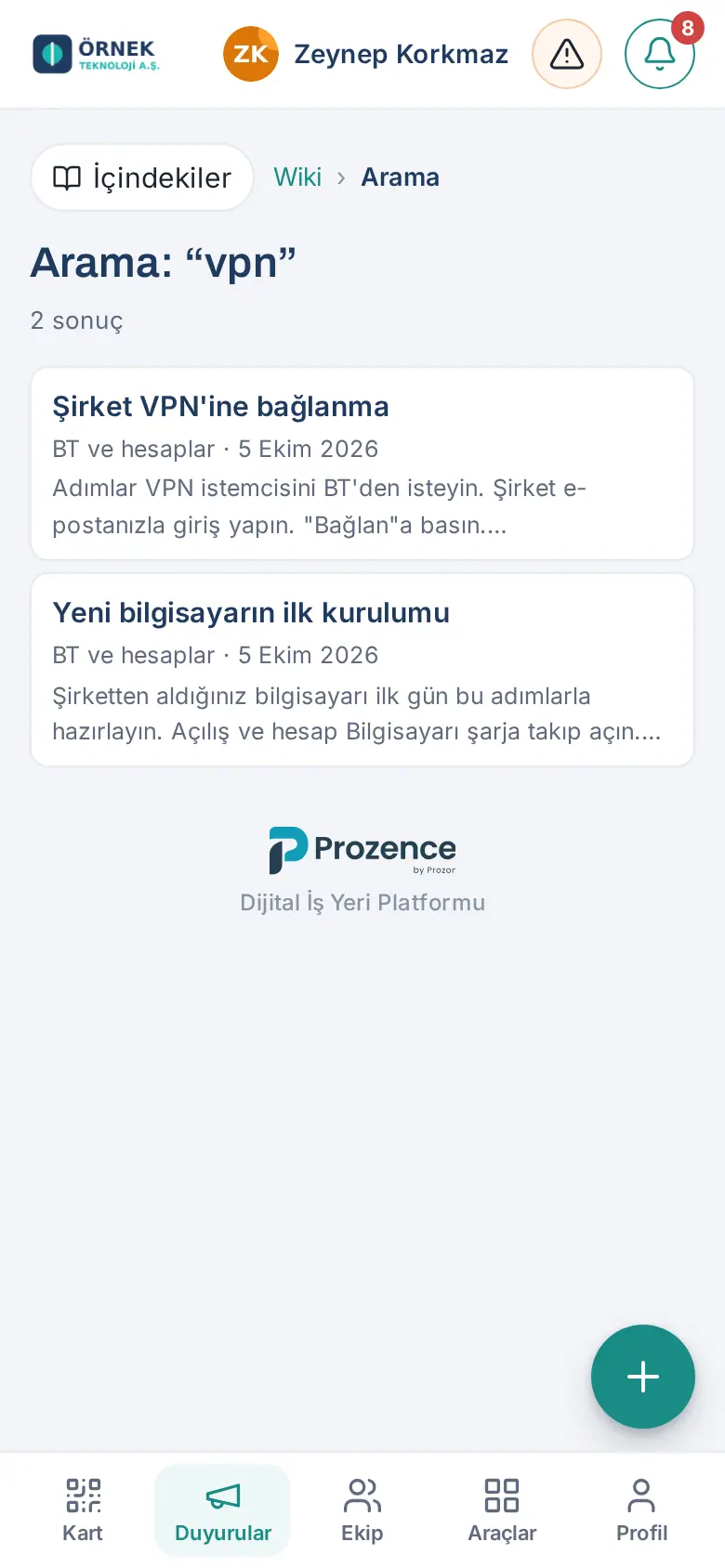 Wiki sayfasında arama sonuçları