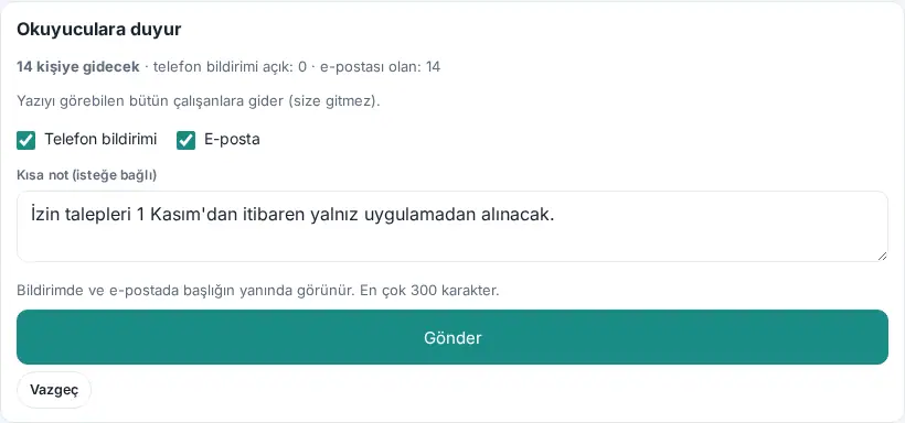 Okuyuculara duyur: alıcı sayısı, kanallar ve kısa not