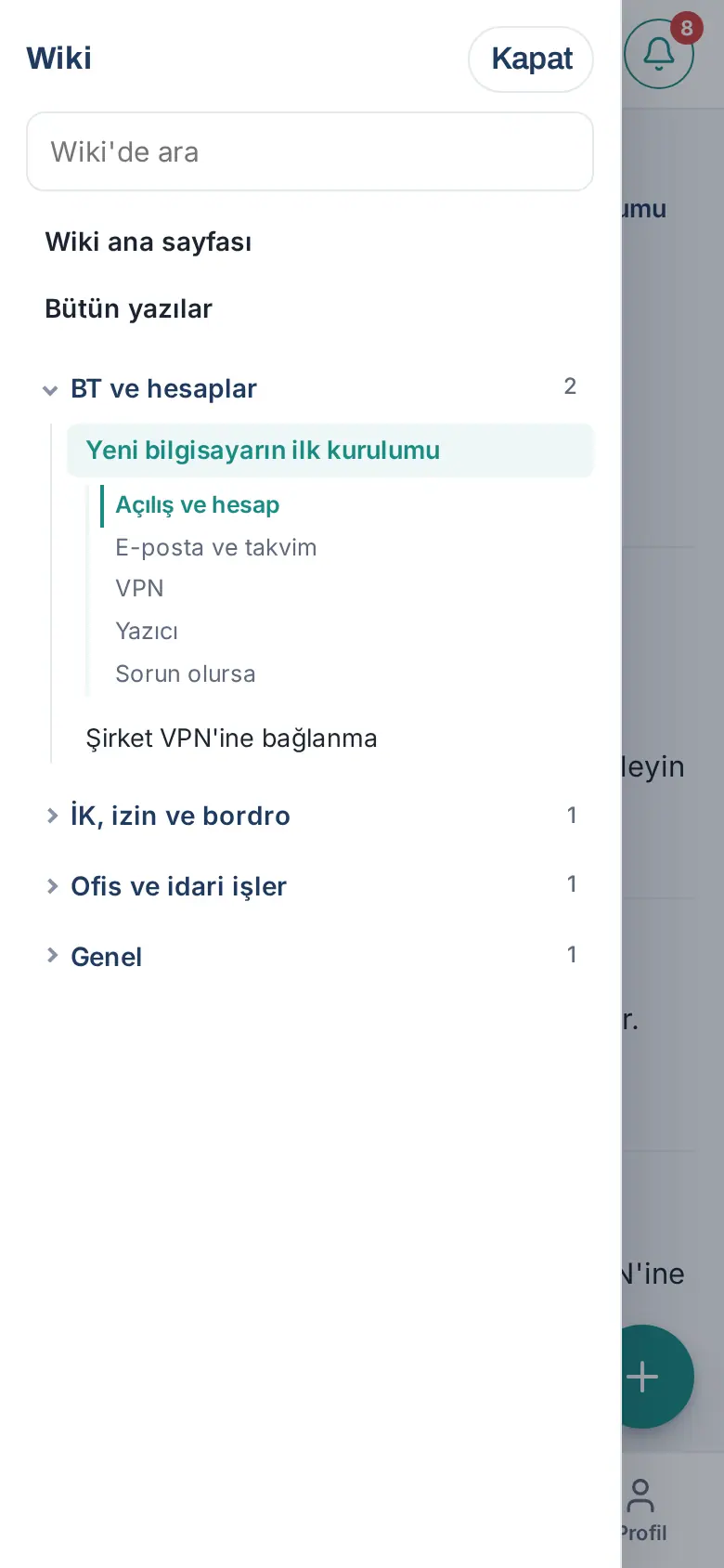 Telefonda İçindekiler: kategoriler, yazılar ve açık yazının başlıkları