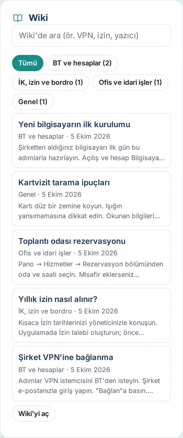 Wiki kutusu: kategoriler, yazılar ve Wiki'yi aç