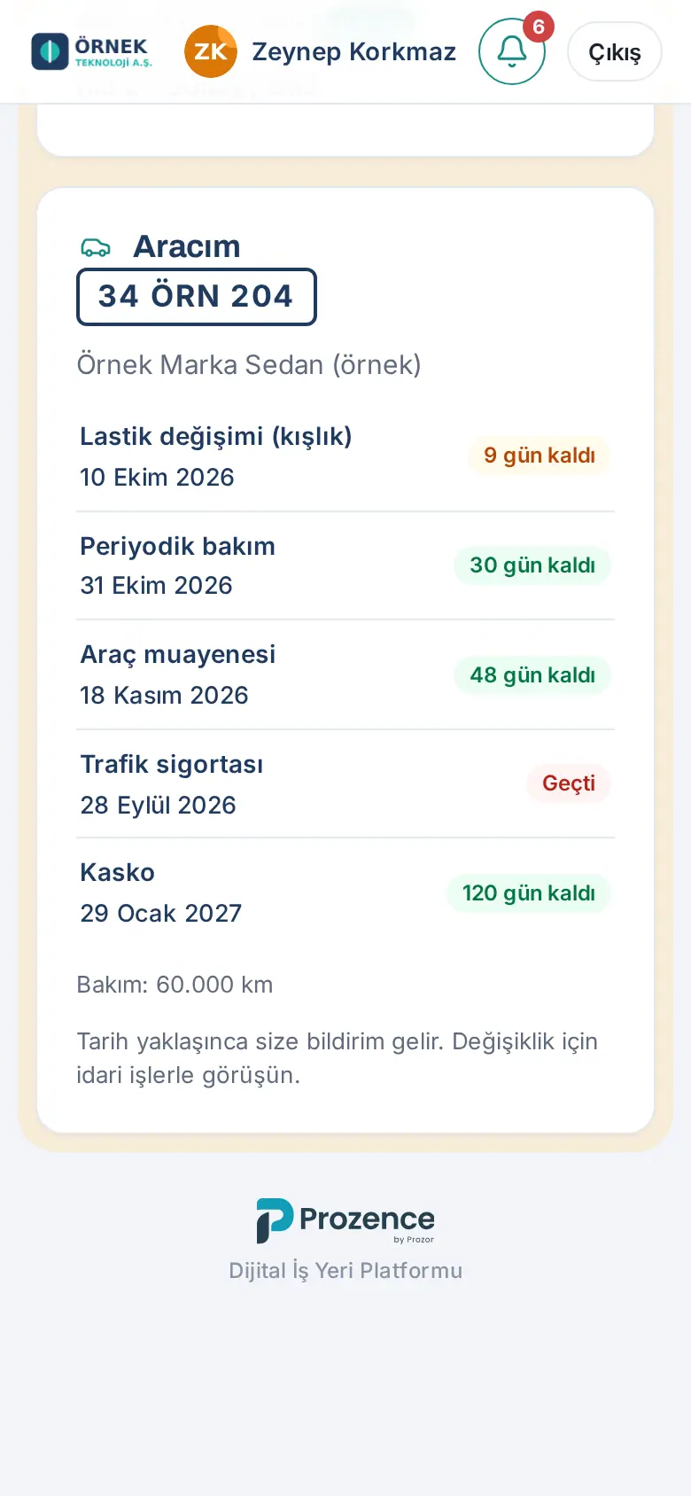 Aracım: plaka, lastik, bakım, muayene, sigorta ve kasko tarihleri