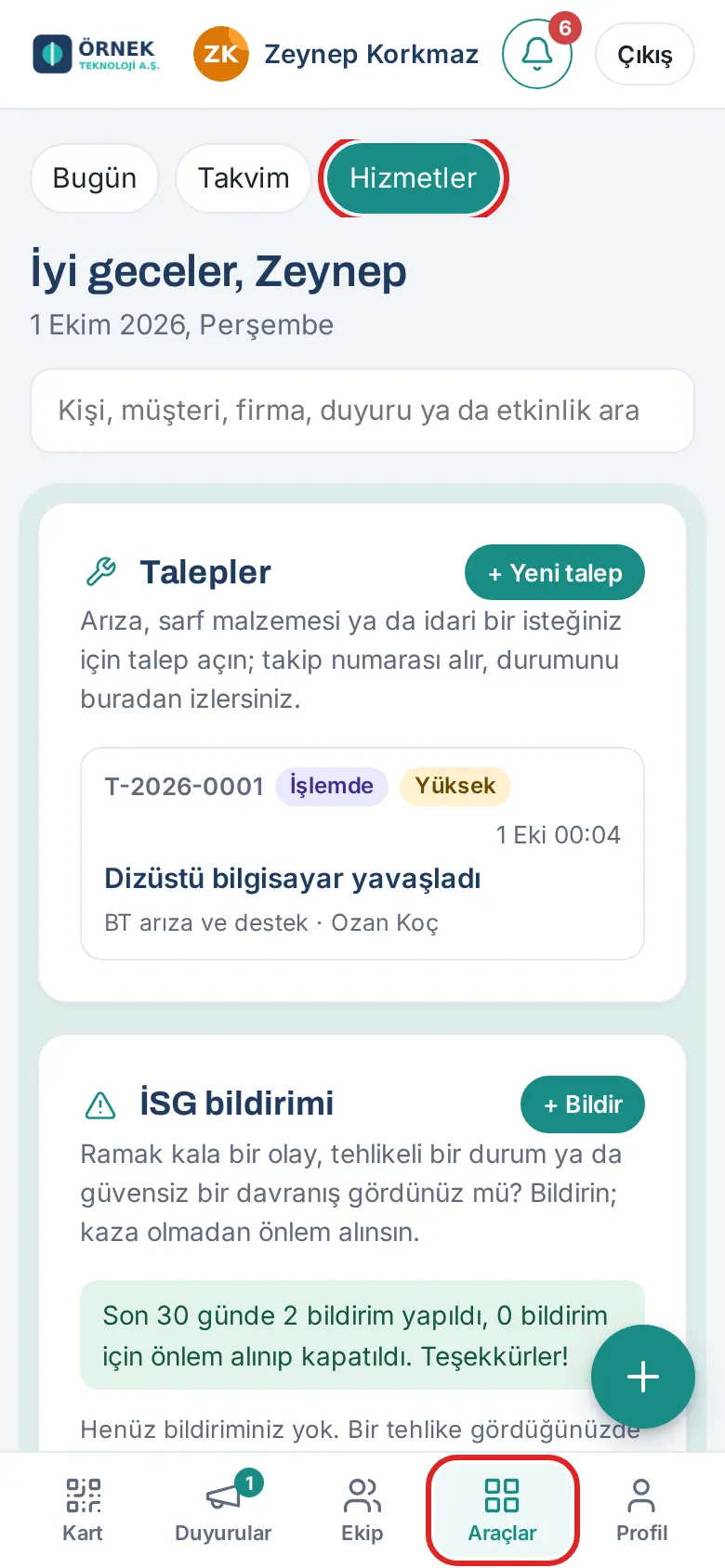 Araçlar → Hizmetler: Talepler ve İSG bildirimi kutuları
