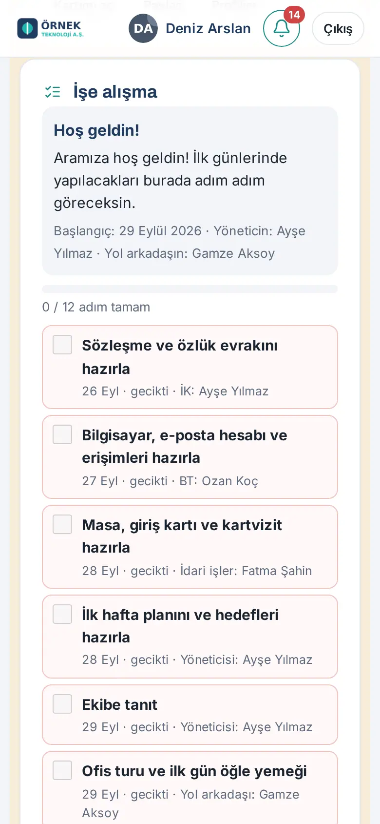 İşe alışma: Hoş geldin mesajı, ilerleme ve adımlar