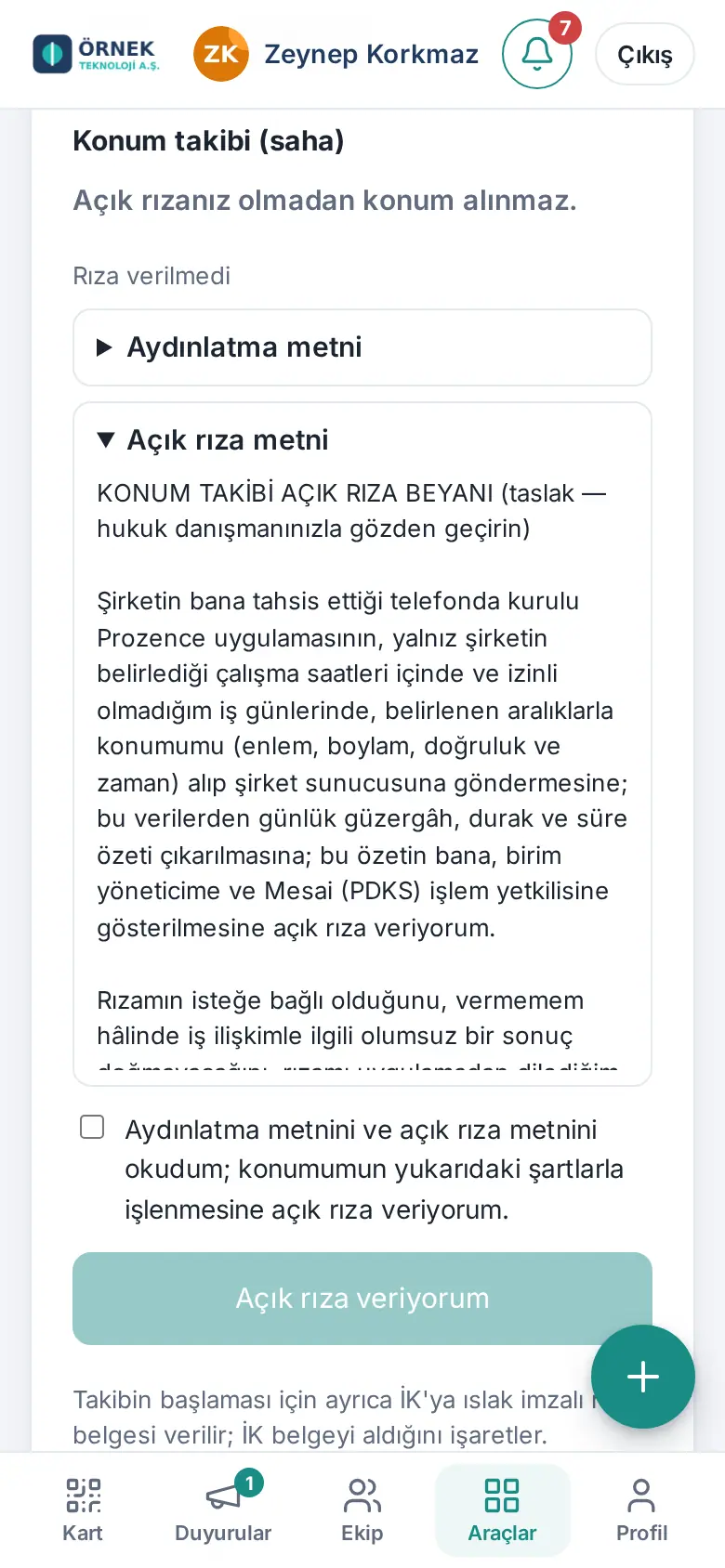 Konum takibi: aydınlatma, açık rıza metni ve onay kutusu