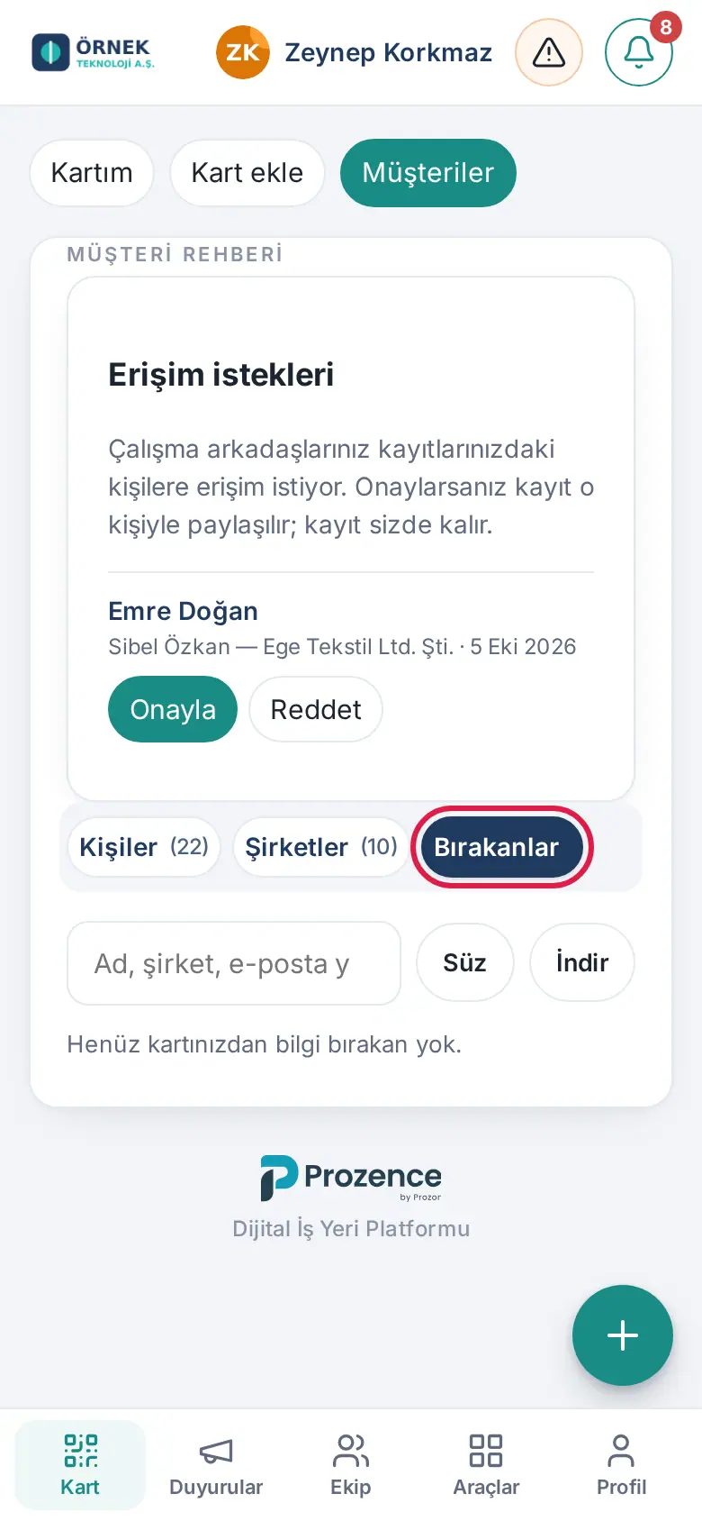 Müşteriler: Bırakanlar sekmesi
