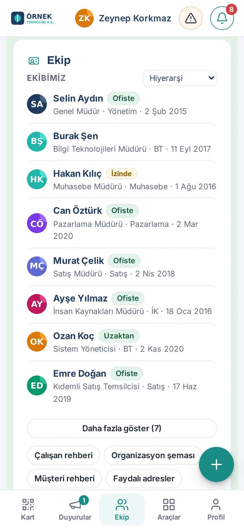 Ekip Meydanı: Ekibimiz listesi ve sıralama seçimi