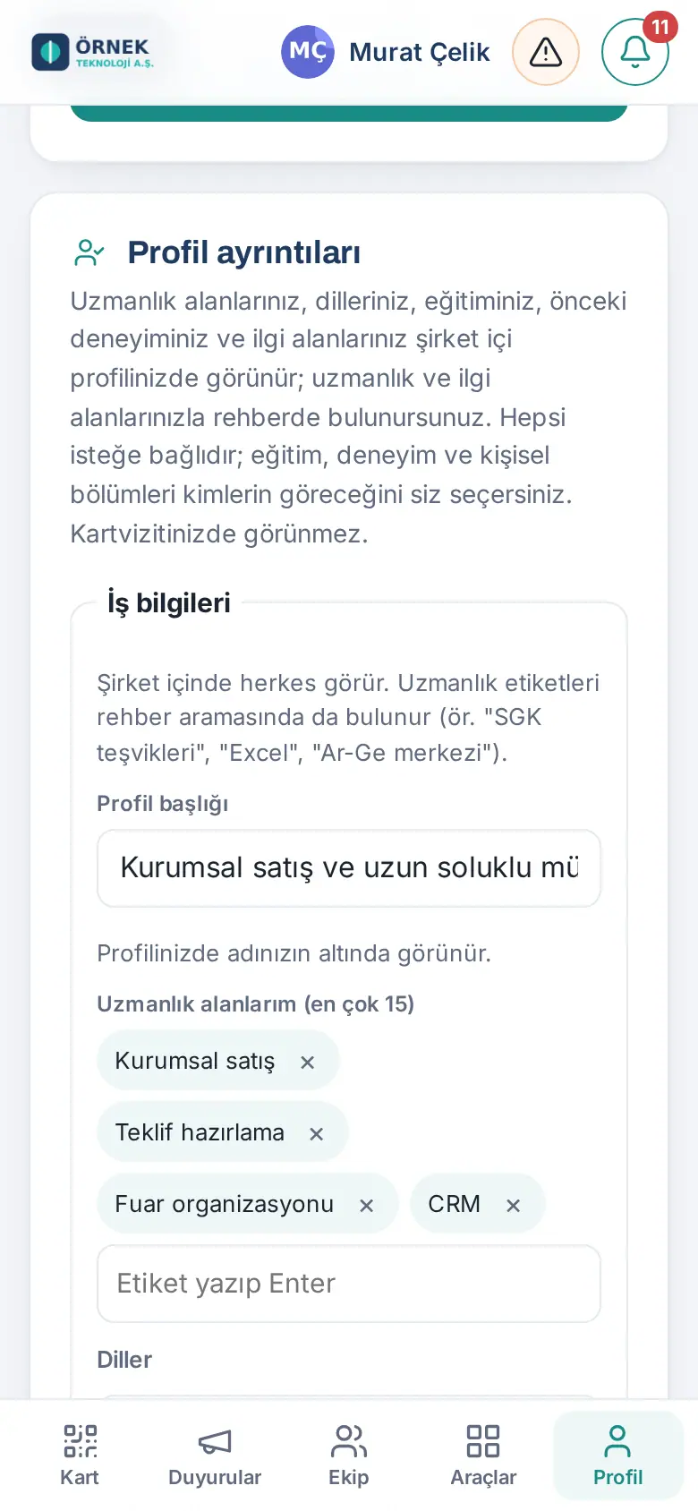 Profil ayrıntıları: İş bilgileri, Profil başlığı ve Uzmanlık alanlarım