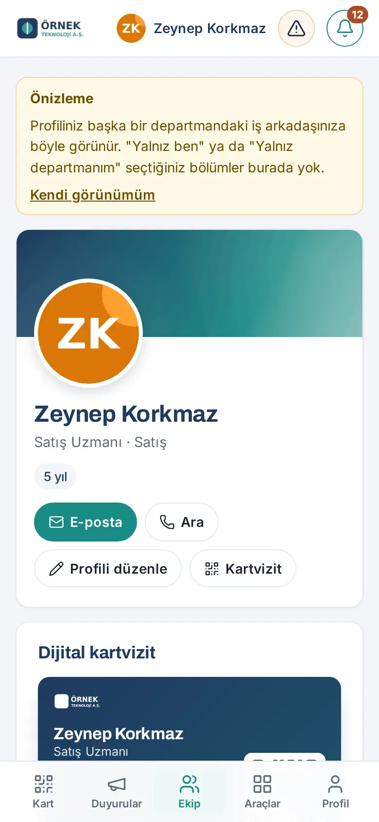 Önizleme: başka departmandan bir iş arkadaşının gördüğü profil