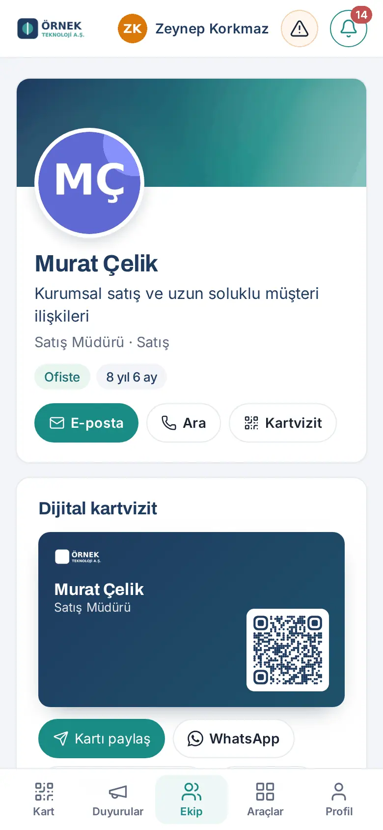 Profil sayfası (telefon): profil başlığı, durum, E-posta / Ara / Kartvizit ve Dijital kartvizit
