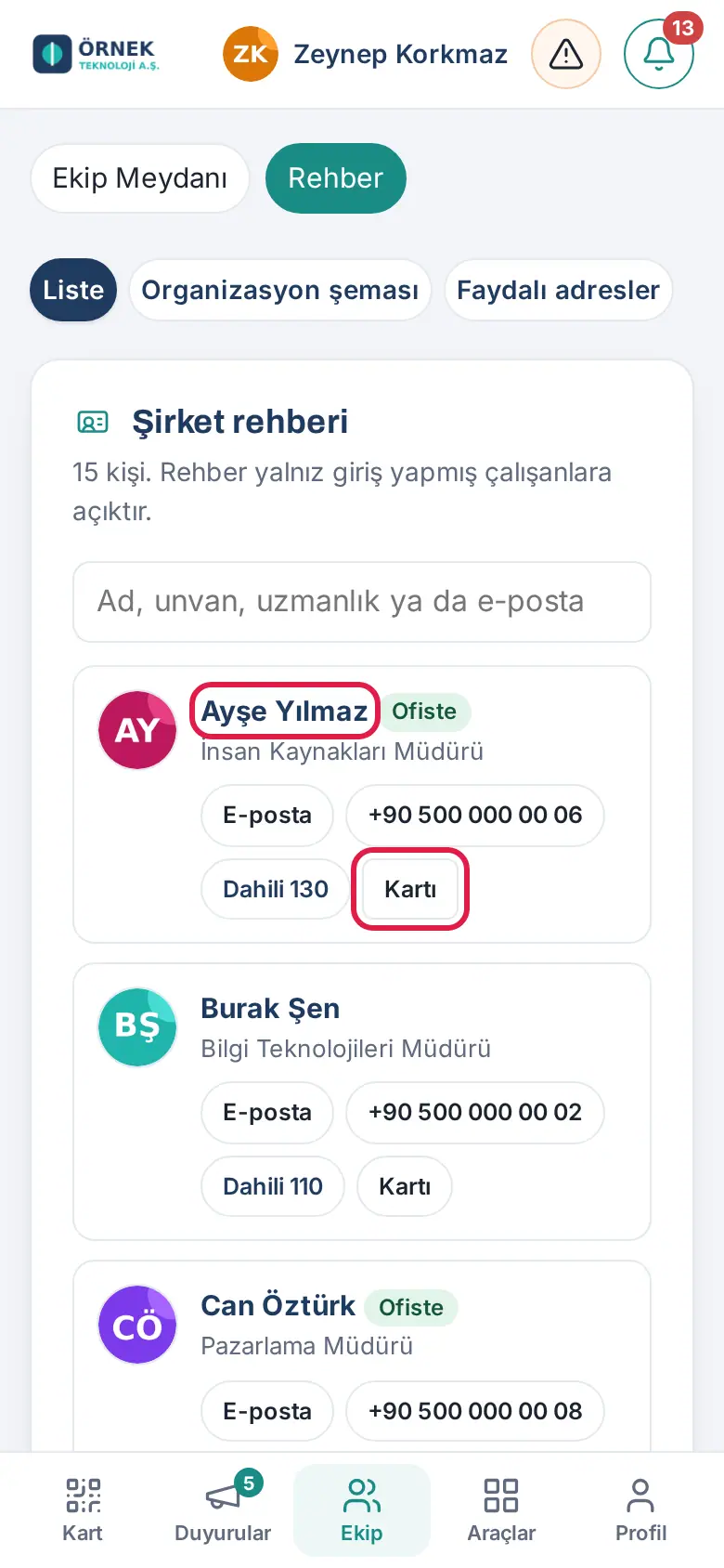 Ekip → Rehber: kişinin adı profili, Kartı düğmesi dijital kartviziti açar