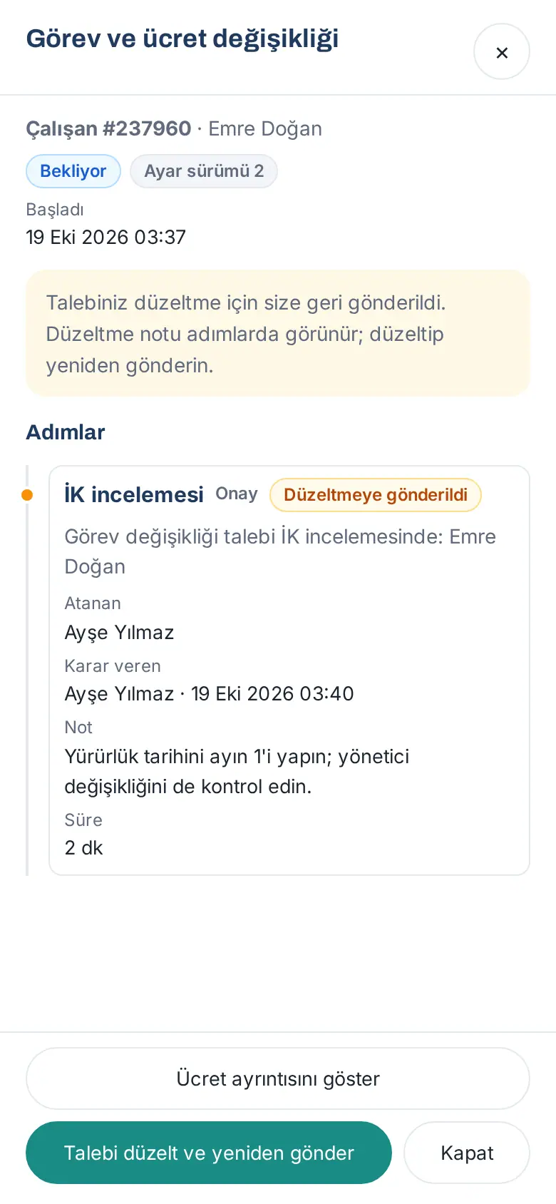 İade edilen talep: düzeltme notu, Düzeltmeye gönderildi adımı ve Talebi düzelt ve yeniden gönder düğmesi