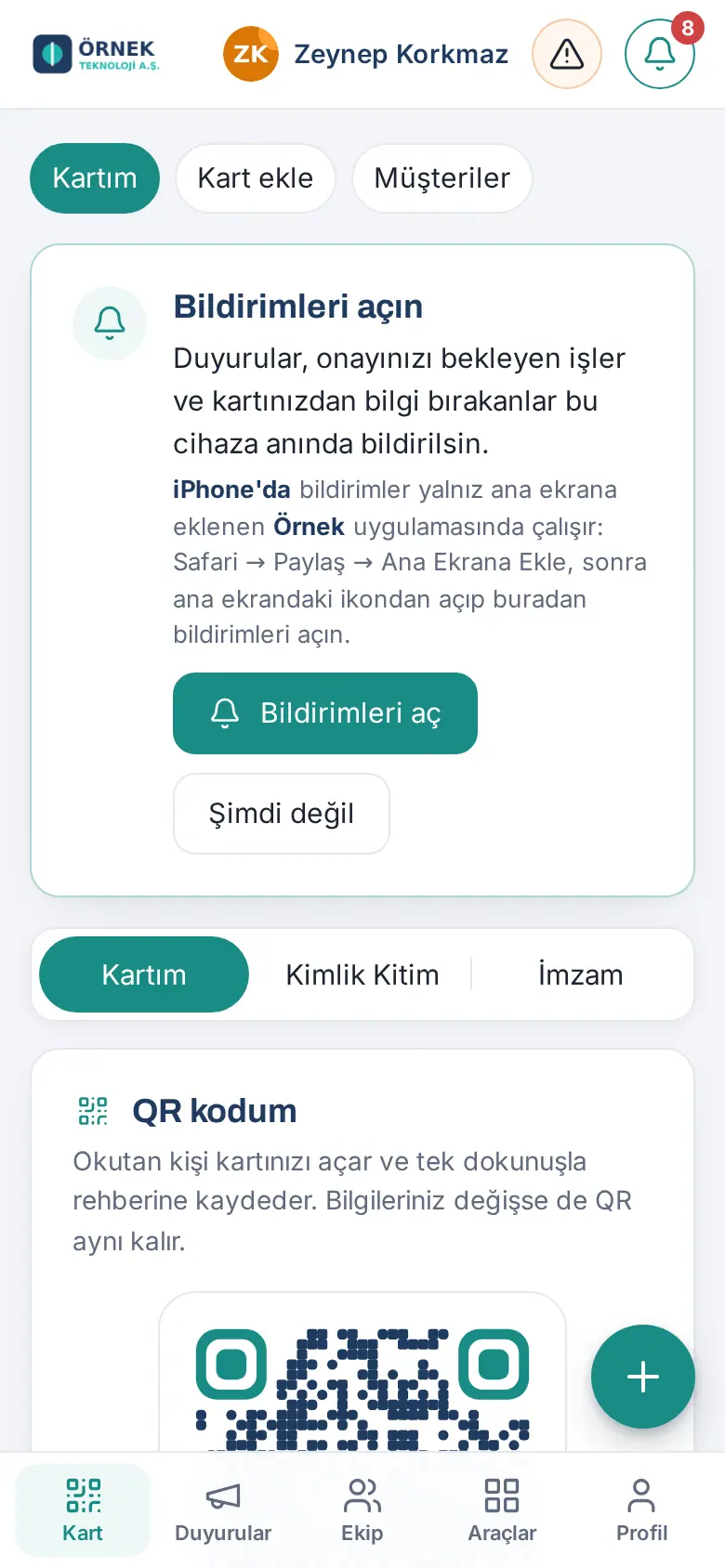 Bildirimleri açın kartı; iPhone için ana ekran yönergesi