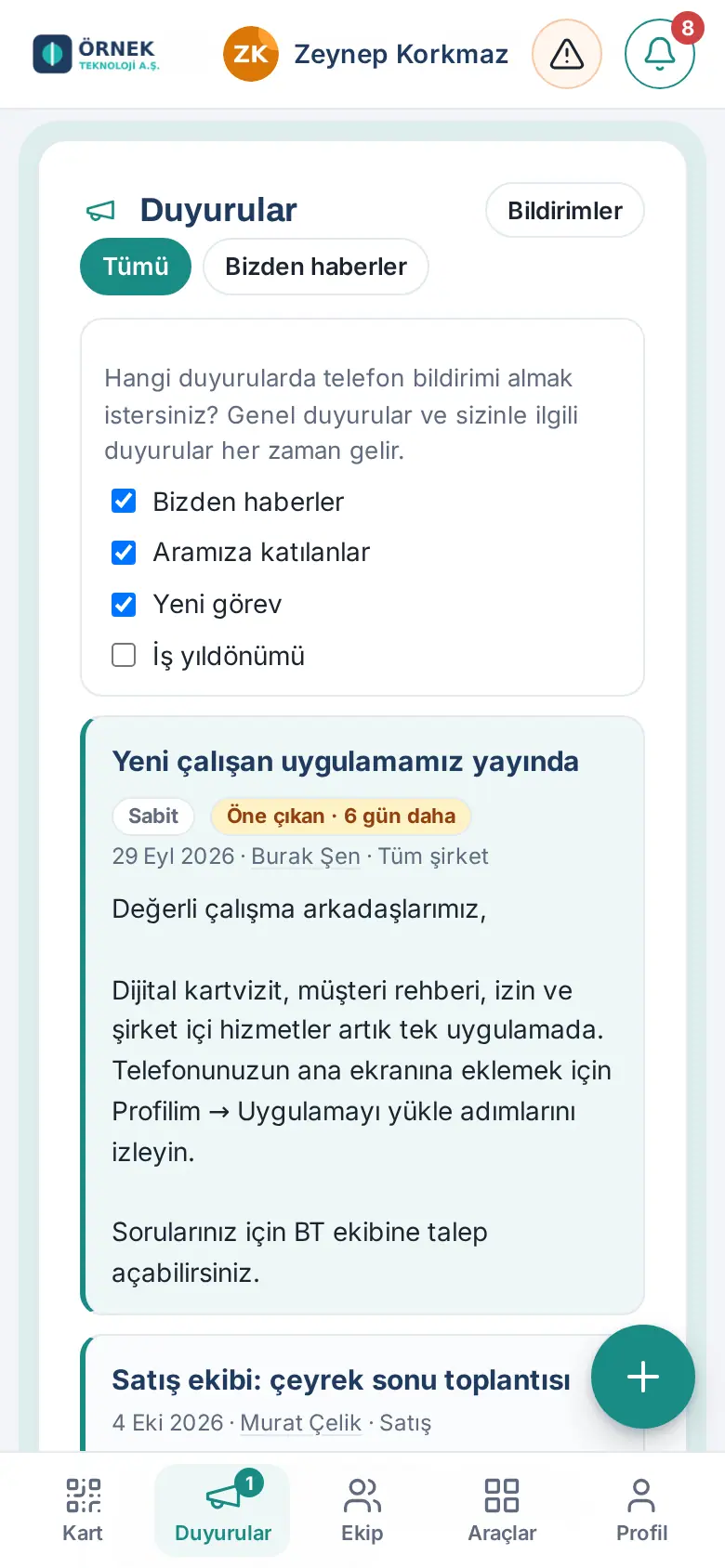 Duyuru bildirim tercihleri