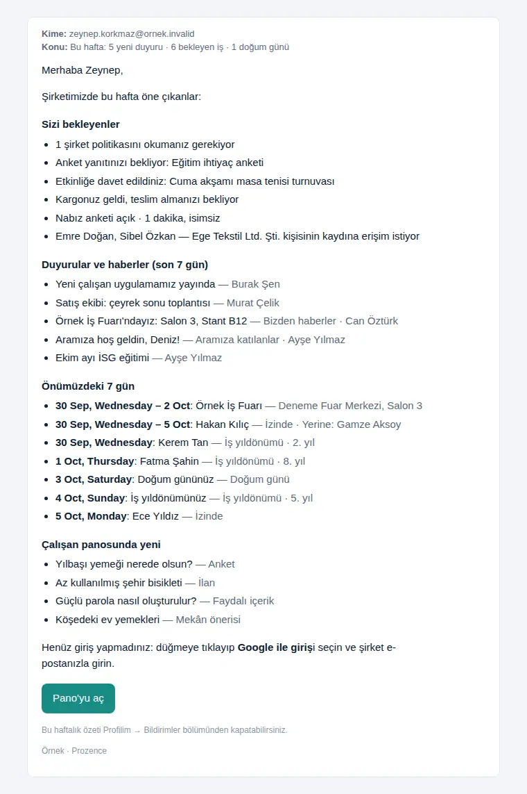 Haftalık özet e-postası örneği