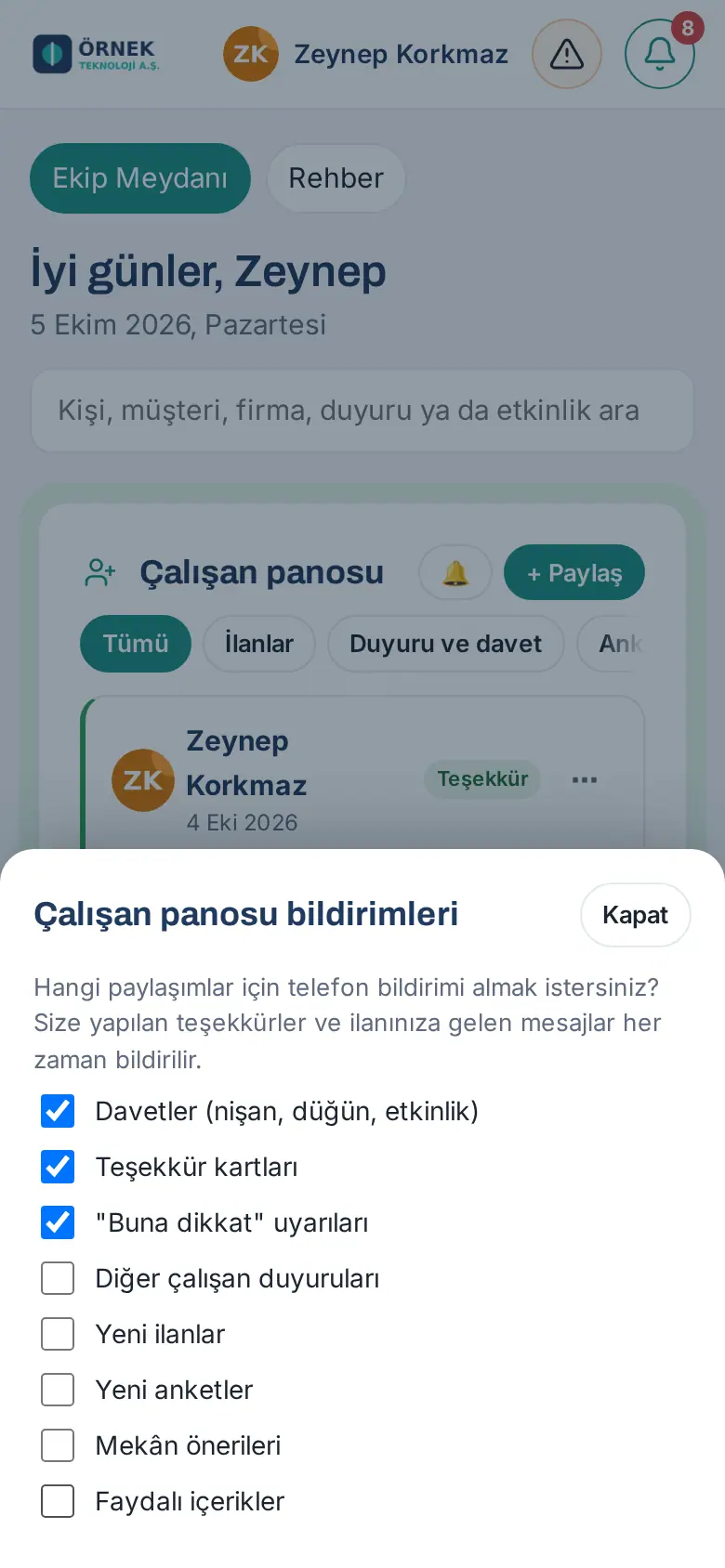 Çalışan panosu bildirimleri