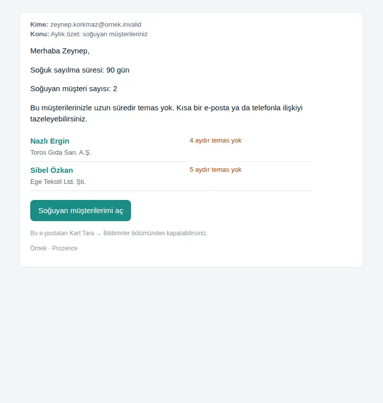 Soğuyan müşteri özeti e-postası örneği