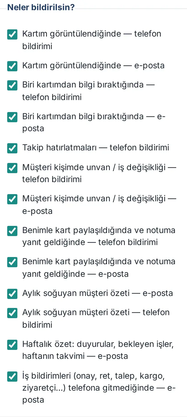 Neler bildirilsin? listesinin sonunda İş bildirimleri … telefona gitmediğinde — e-posta