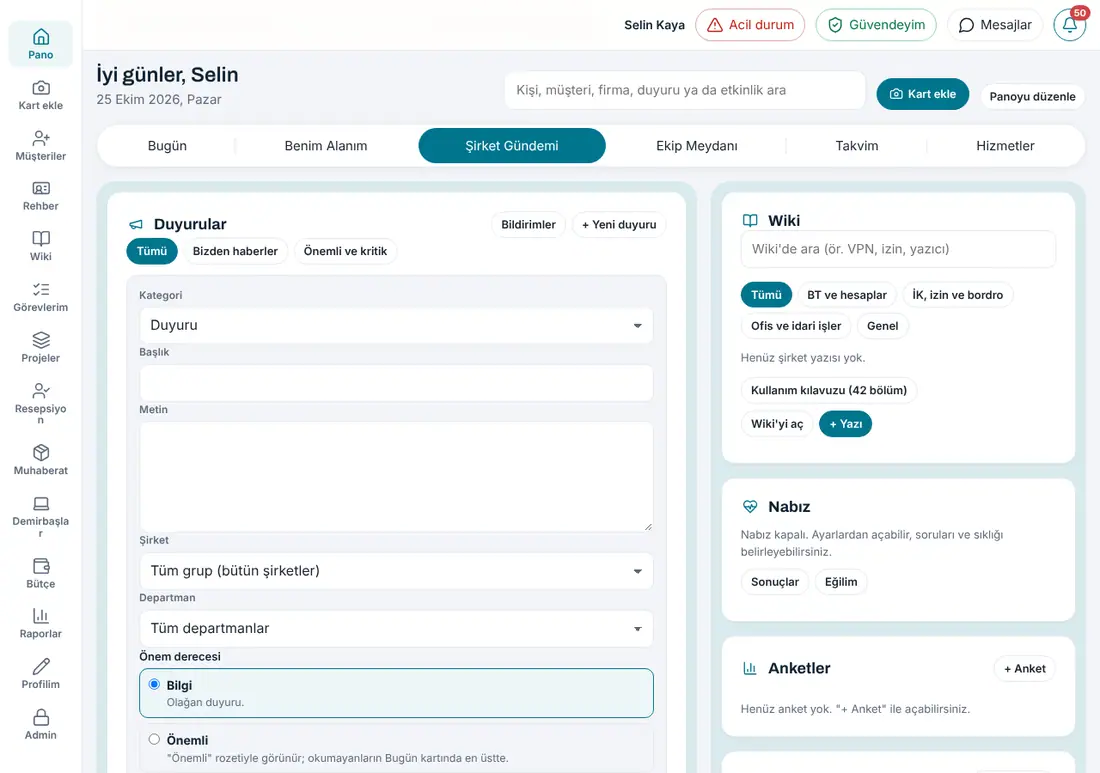 Grup şirketlerinde duyuru formu: Şirket ve Departman listeleri