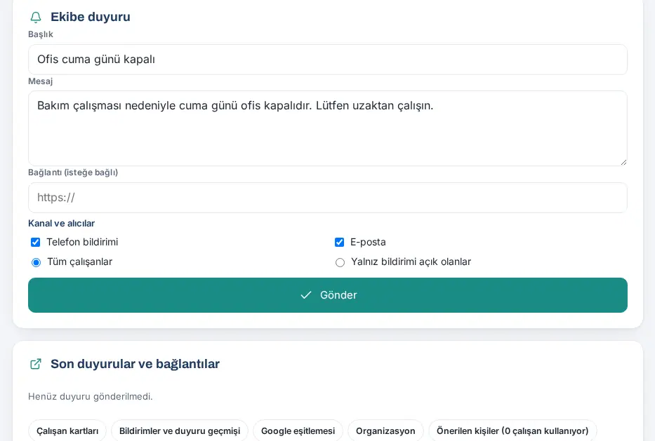 Ekibe duyuru formu ve Son duyurular ve bağlantılar