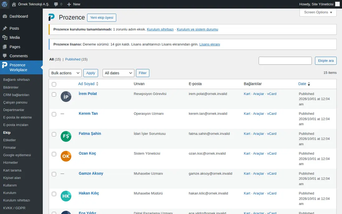 WordPress Ekip listesi ve Yeni ekip üyesi düğmesi