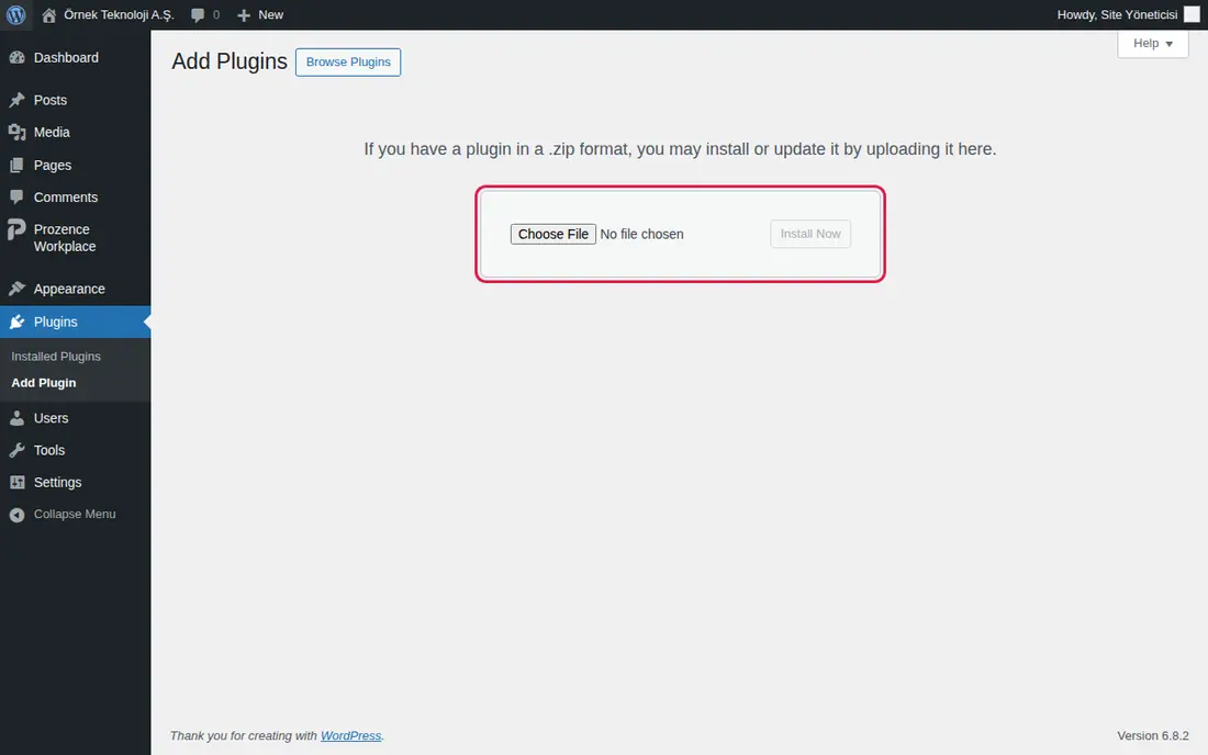 WordPress eklenti yükleme kutusu: dosya seçme ve Install Now düğmesi