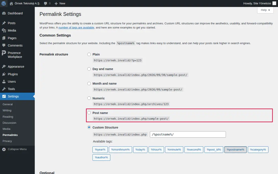 Kalıcı bağlantılar ekranında Post name seçeneği