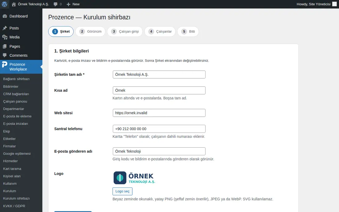 Kurulum sihirbazı 1. adım: Şirket bilgileri