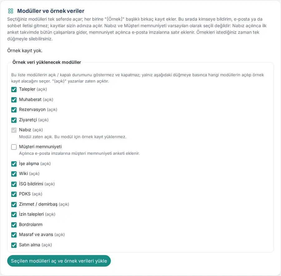 Modüller ve örnek veriler: açılacak modüller listesi